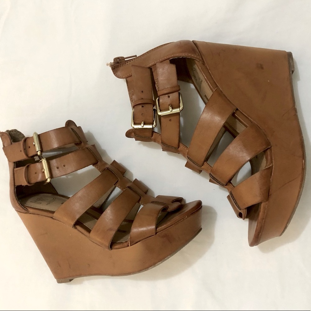Camel Colored Leather Wedge Heels, Size 7
